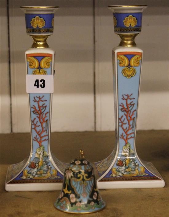 Pair of blue ceramic candlesticks & bell